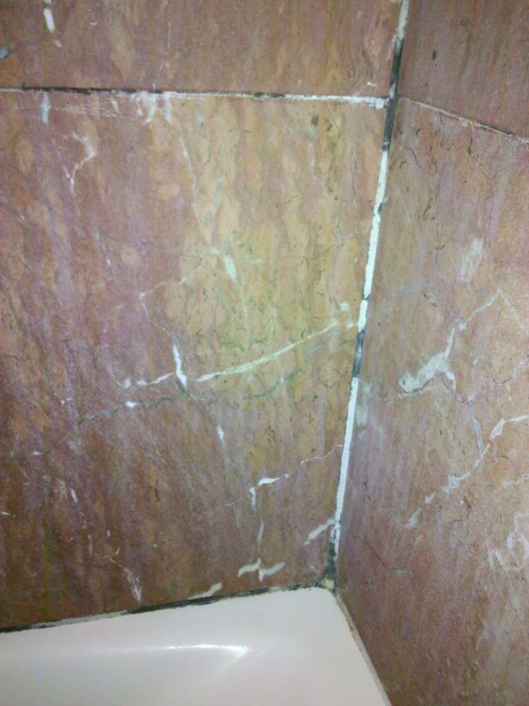 Winchester marble shower polish and regrout stains - before. Grout needs work