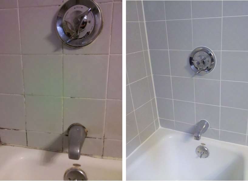 Before and after regouting gray shower tile Milton MA