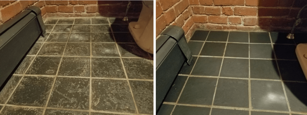 Before and after photos of stone floor cleaning