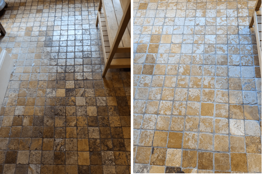Before and after picture of cleaning soiled tumbled marble